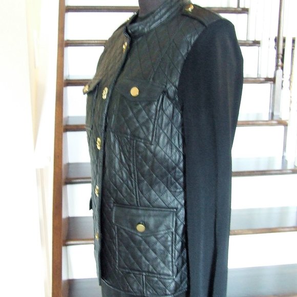 Black Quilted Leather Jacket Cardigan Sweater Channel Style by Nygard Collection - Picture 3 of 8